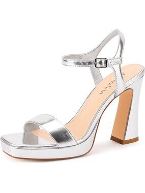 Women's Chunky High Heels Ankle Strap Silver Square Open Toe Block Heel Shoes